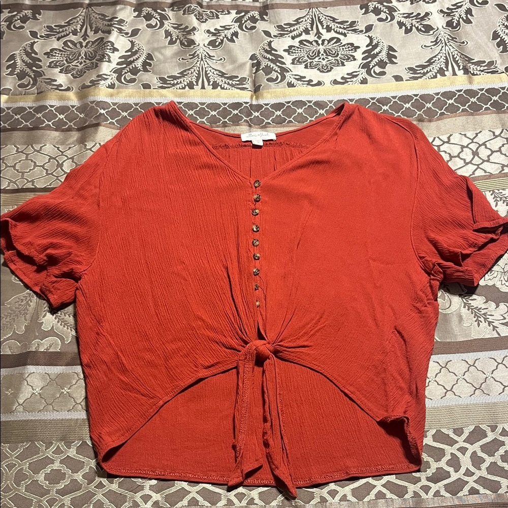 Ultra Flirt Burnt Orange Button-Down Tie-Front Top